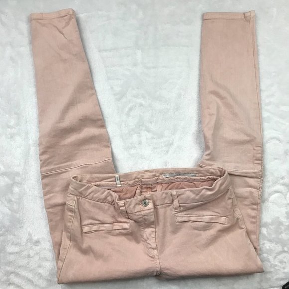 Zara Woman Medium Rise Skinny Fit Slim Leg Jeans Pink Size 8 Shirred Knee Moto - Picture 13 of 13